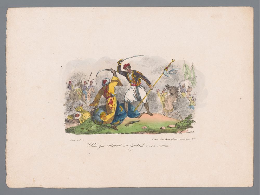 Griekse soldaat die de banier van zijn vijand afneemt (1829 - 1835) by Karl Loeillot Hartwig, Jean Marie Joseph Bove and…