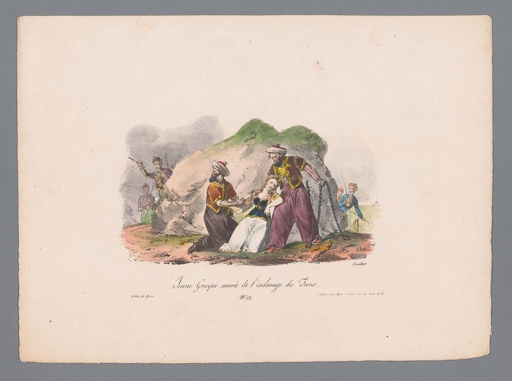 Jonge Griekse vrouw wordt gered van twee mannen (1829 - 1835) by Karl Loeillot Hartwig, Jean Marie Joseph Bove and Jean…