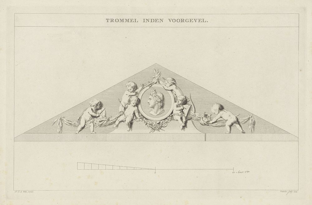 Timpaan van de voorgevel van de schouwburg van Amsterdam (1774) by Reinier Vinkeles I, Harmanus Vinkeles and Jacob Eduard de…