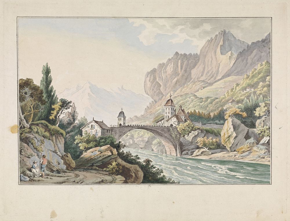 Gezicht op de brug bij Saint Maurice te Zwitserland (1792) by Jan Gerard Waldorp and Michel Vincent Brandoin