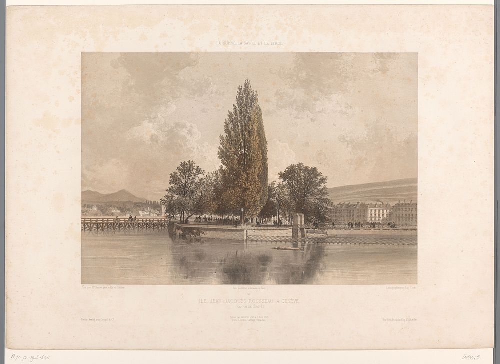 Zicht op het Île Rousseau op de Rhône in Genève (1859) by Eugène Cicéri, Ferrier Père Fils et Soulier, Joseph Rose…