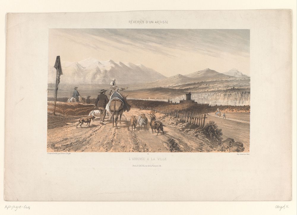 Herder nadert een stad in een berglandschap (1858) by Hubert Clerget, Joseph Rose Lemercier and Henry Gache