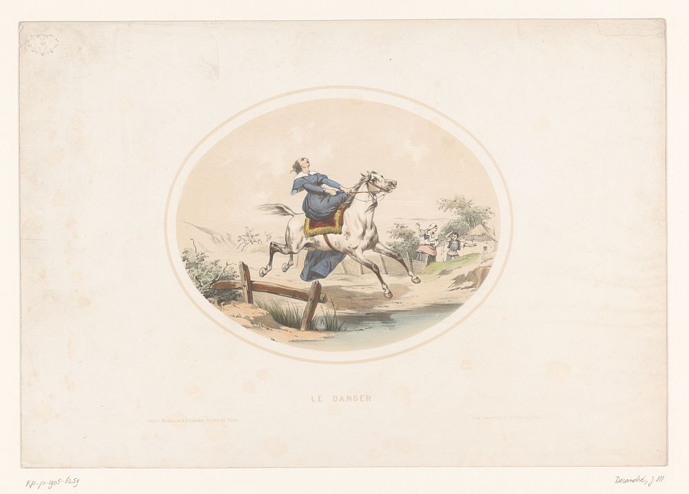Dame op een op hol geslagen paard (1840 - 1870) by Jules Marie Desandré, Joseph Rose Lemercier and Massard and Combette