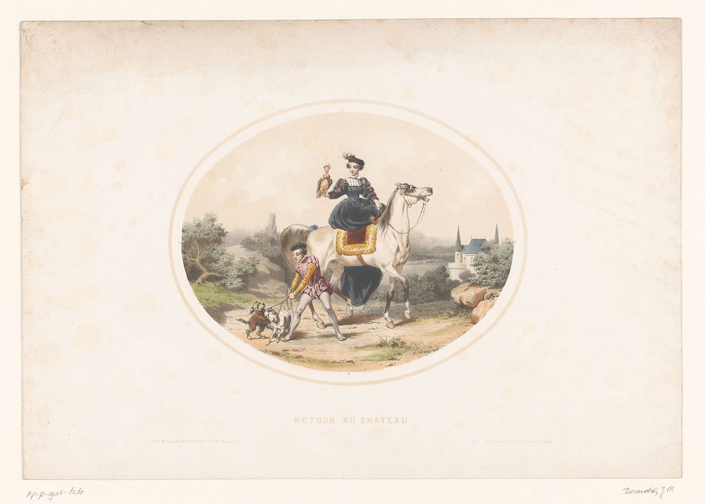 Edelvrouw met valk te paard (1840 - 1870) by Jules Marie Desandré, Joseph Rose Lemercier and Massard and Combette
