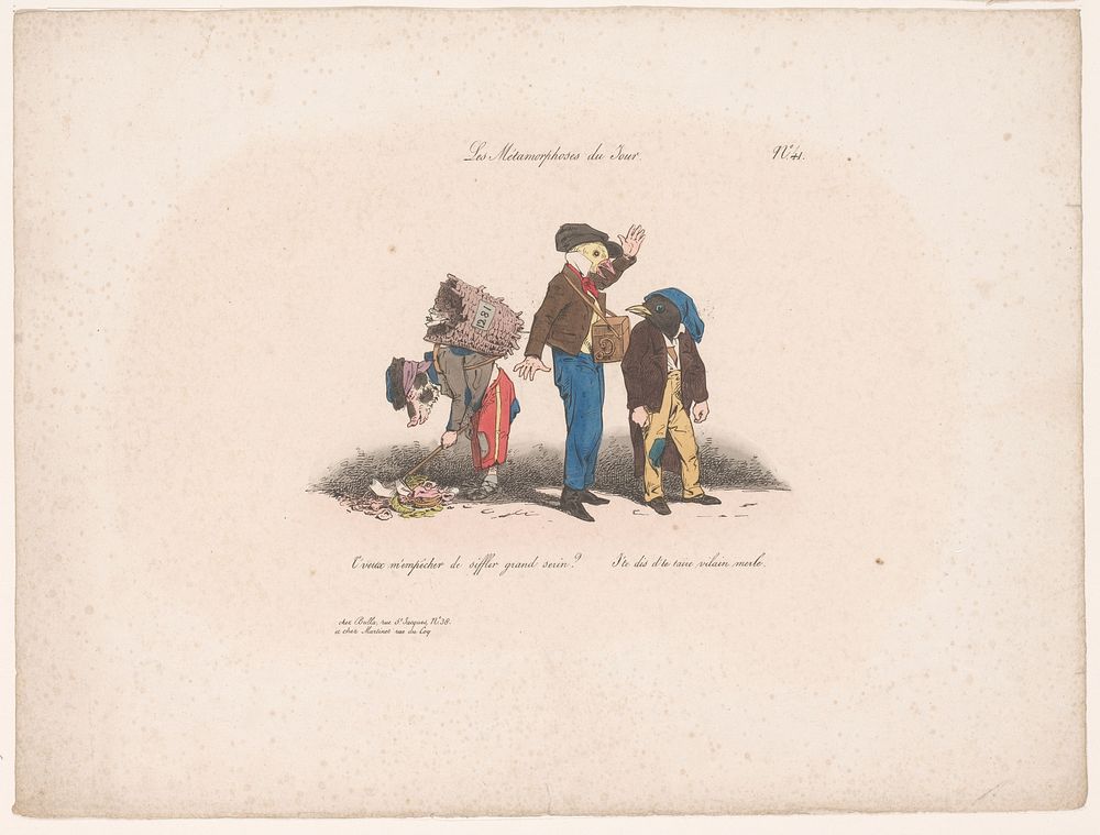 Twee ruziënde vogels en een varken tussen afval (1829) by Jean Ignace Isidore Gérard Grandville, Pierre Langlumé, François…