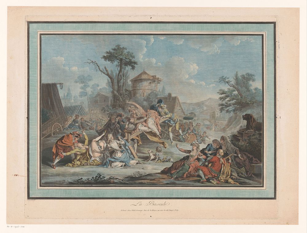 Dorpsfeest met verschillende figuren bij een wip (1785) by Léveillé, J Augustin Léveillé, Antoine Borel and Gérard Vidal