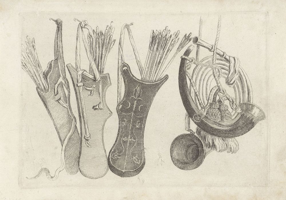 Drie pijlkokers en jachthoornen (1646 - 1647) by Wenceslaus Hollar