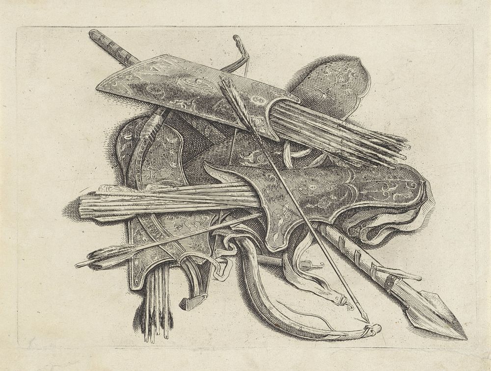 Twee bogen, vier pijlkokers en een speer (1646 - 1647) by Wenceslaus Hollar