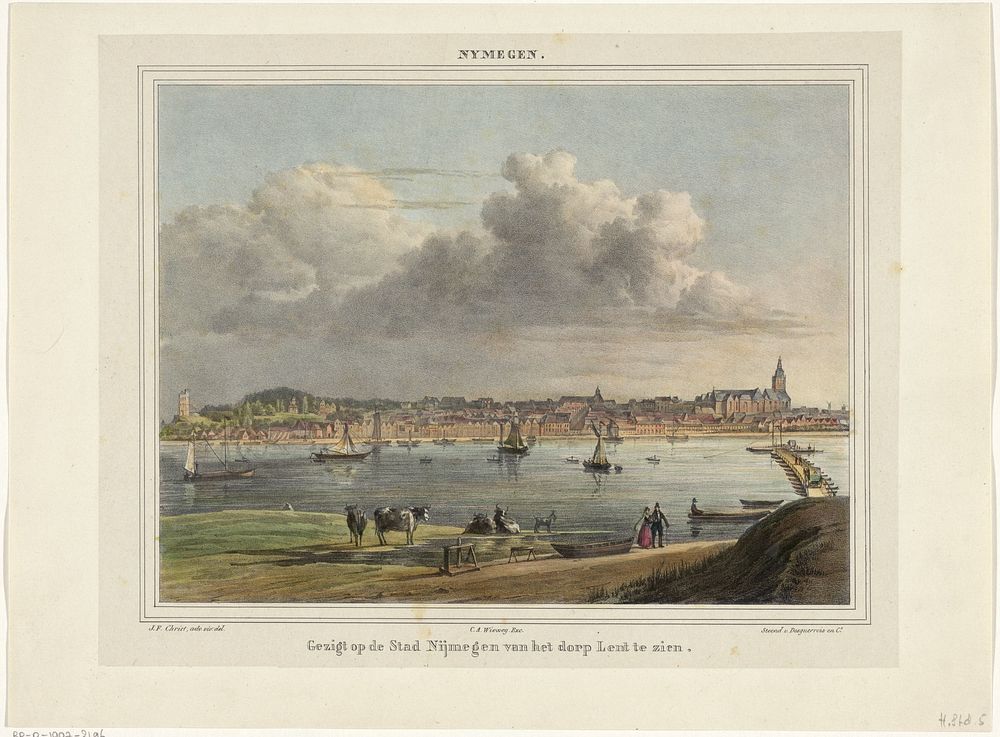 Gezicht op Nijmegen gezien vanaf Lent (1809 - 1845) by Johannes Franciscus Christ, Desguerrois and Co and C A Vieweg