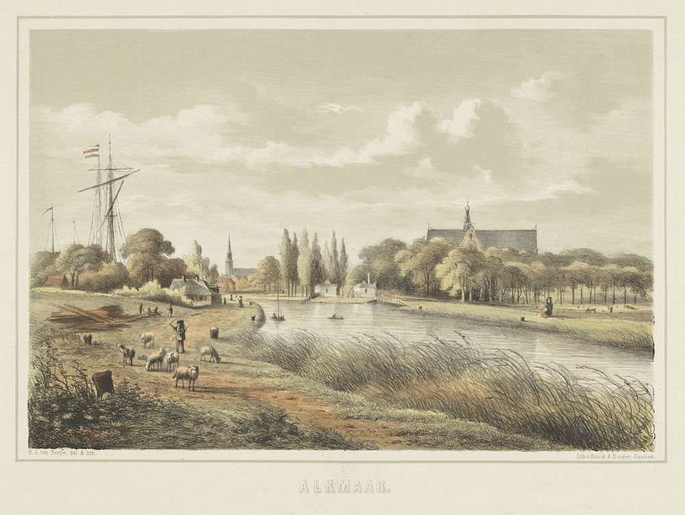 Gezicht op een rivier bij Alkmaar (1845 - 1875) by Bernardus Gerardus ten Berge and Emrik and Binger