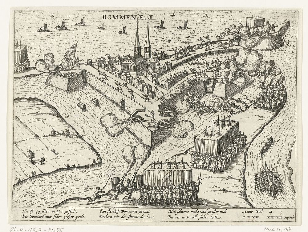 Bommenede ingenomen door de Spanjaarden, 1575 (1575 - 1577) by Frans Hogenberg