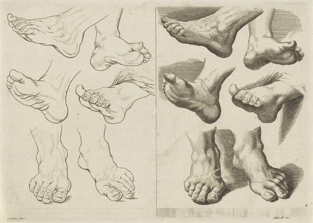 Studie van verschillende voeten (1675 - 1711) by anonymous, Annibale Carracci and Pieter Schenk I
