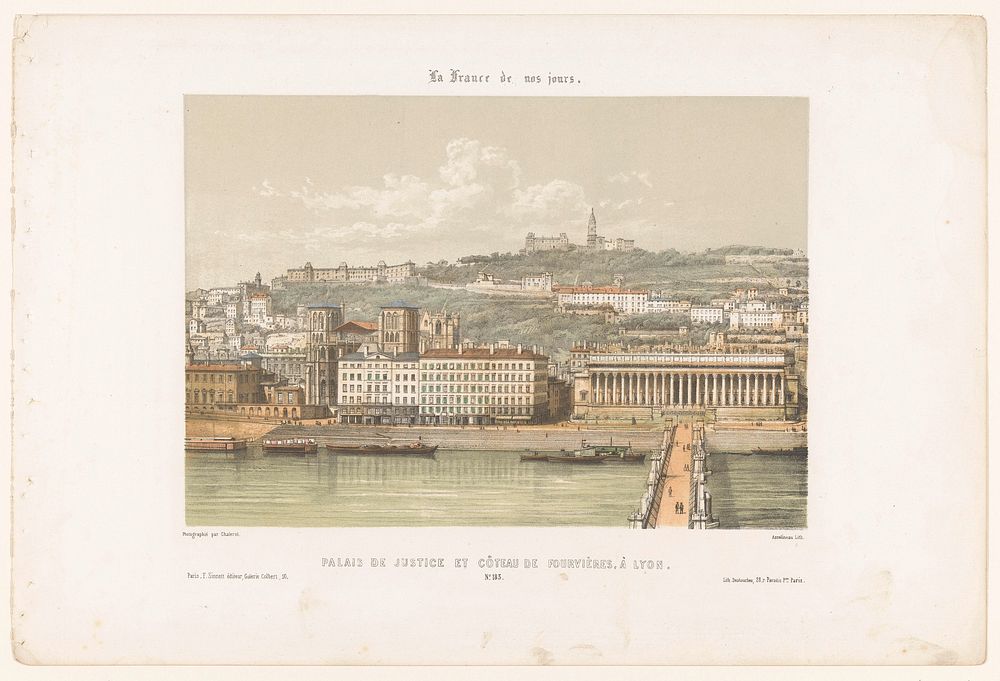 Zicht op het Justitiepaleis en de heuvel van Fourvière in Lyon (1856 - 1858) by Léon Auguste Asselineau, Chalerol…