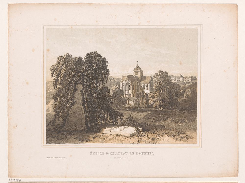 Gezicht op de kerk en het kasteel te Laken (1850 - 1862) by Henri Borremans and Henri Borremans
