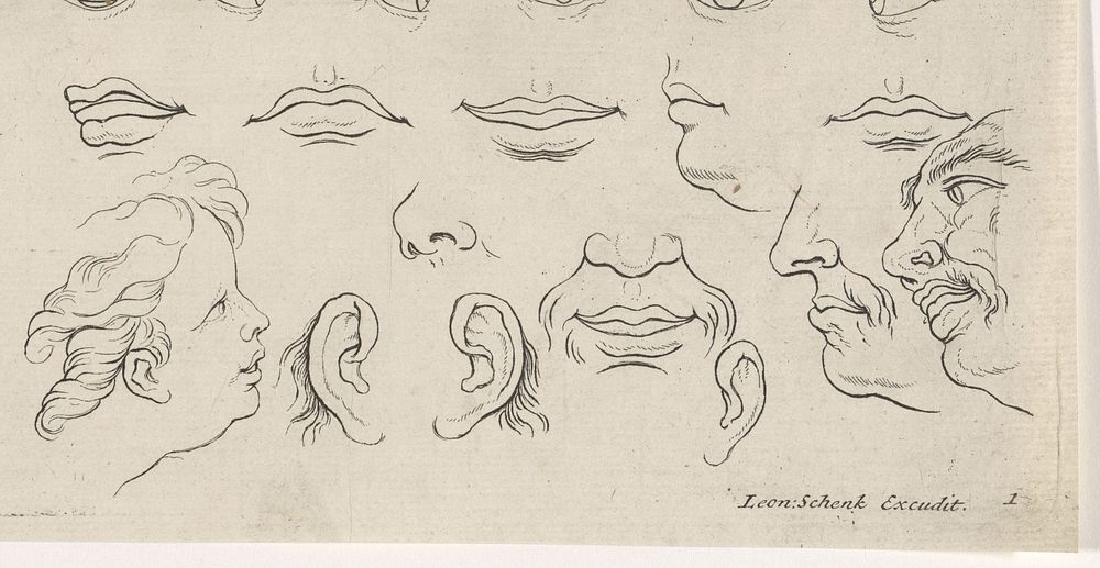 Studies van menselijke gezichten (1710 - 1767) by Leonard Schenk and Leonard Schenk