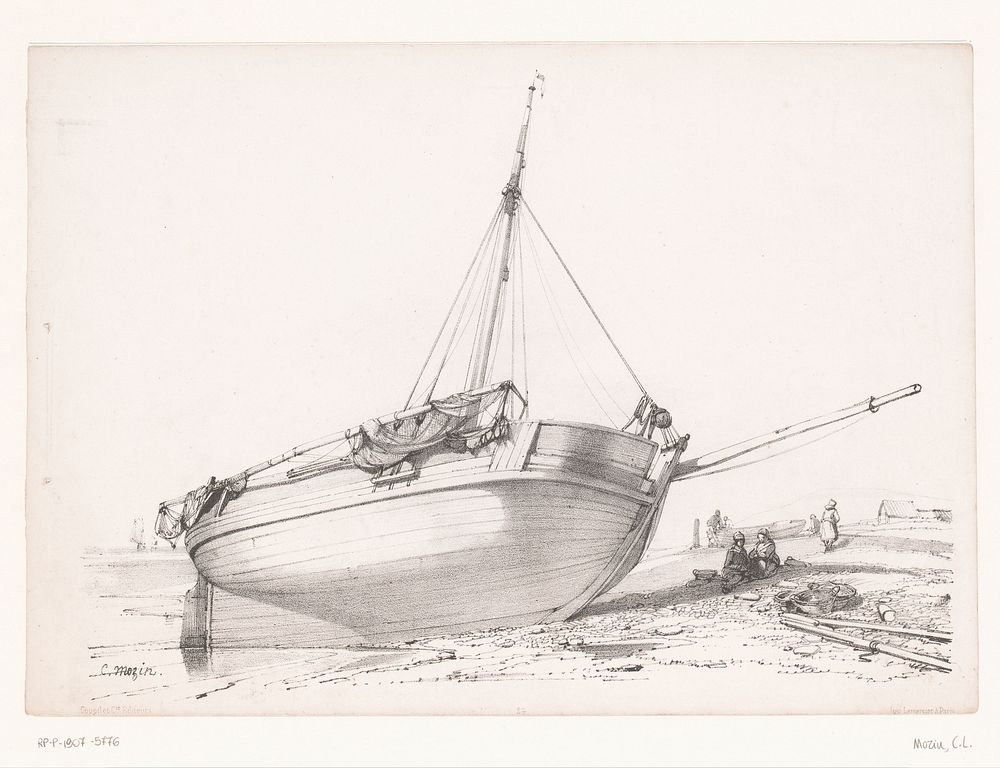 Zeilschip op het strand (1850 - 1884) by Charles Louis Mozin, Joseph Rose Lemercier and Goupil and Cie
