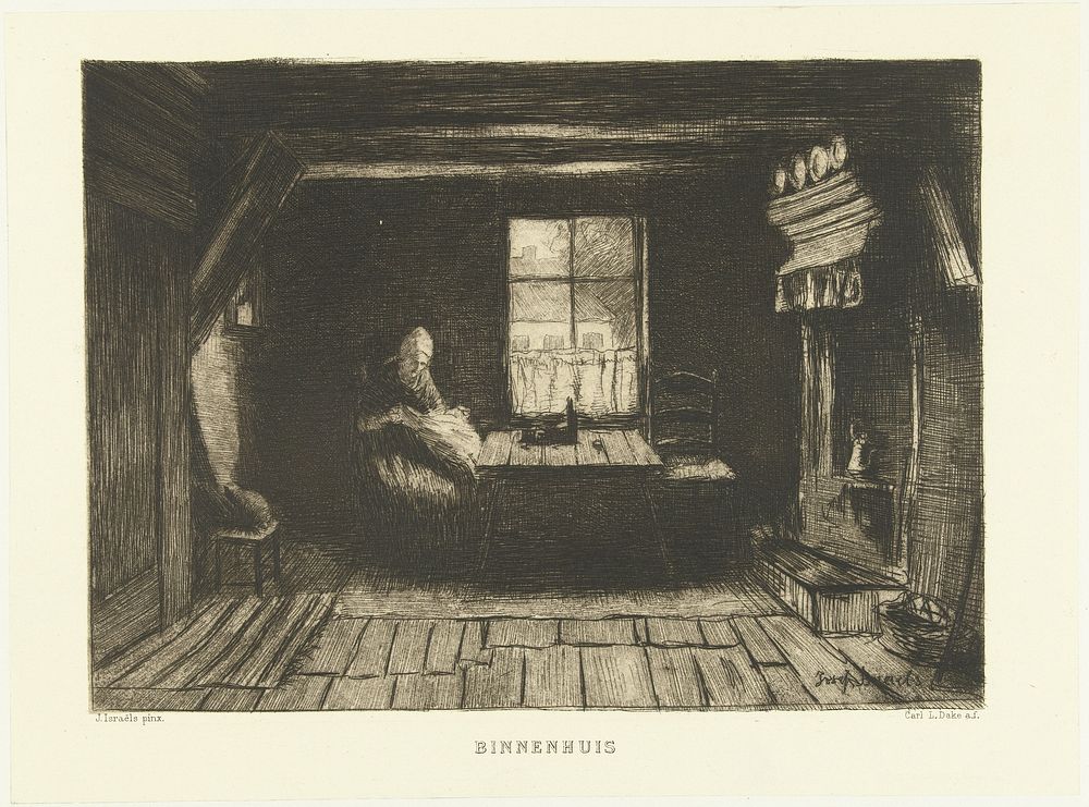 Naaiende boerenvrouw in een binnenhuis (1867 - 1909) by Carel Lodewijk Dake and Jozef Israëls
