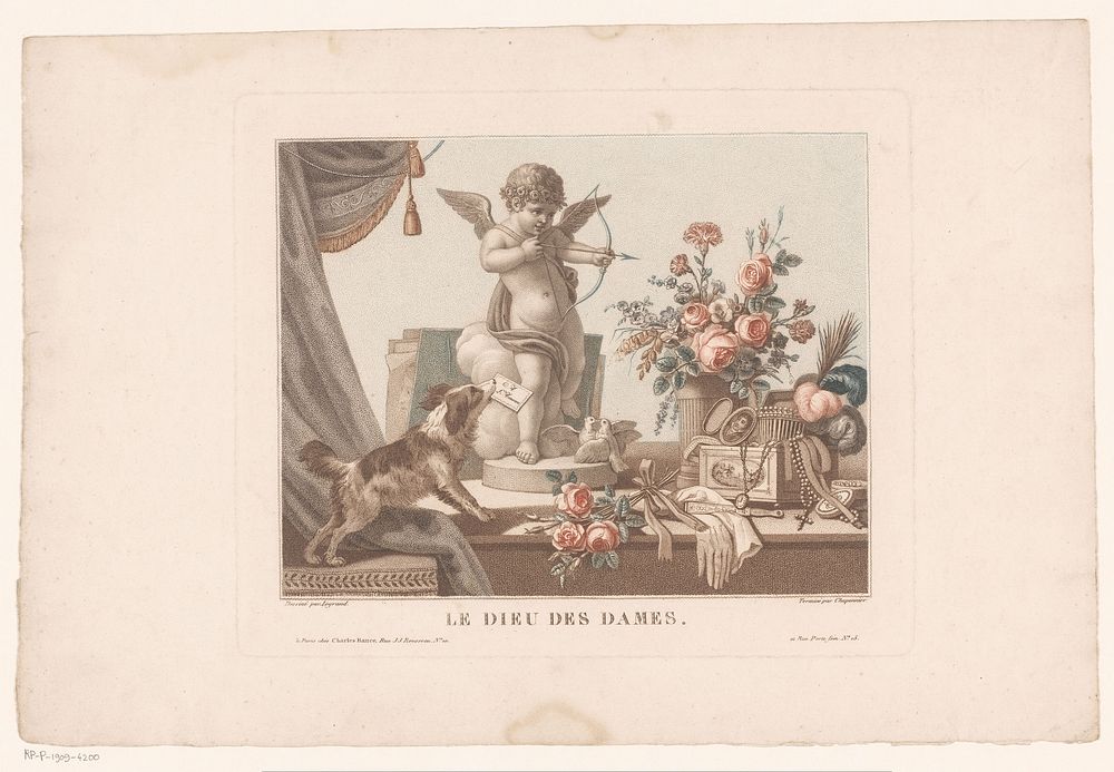 Stilleven op een tafel met een hond en een standbeeld van Cupido (1763 - 1863) by Alexandre Chaponnier, Legrand and Charles…