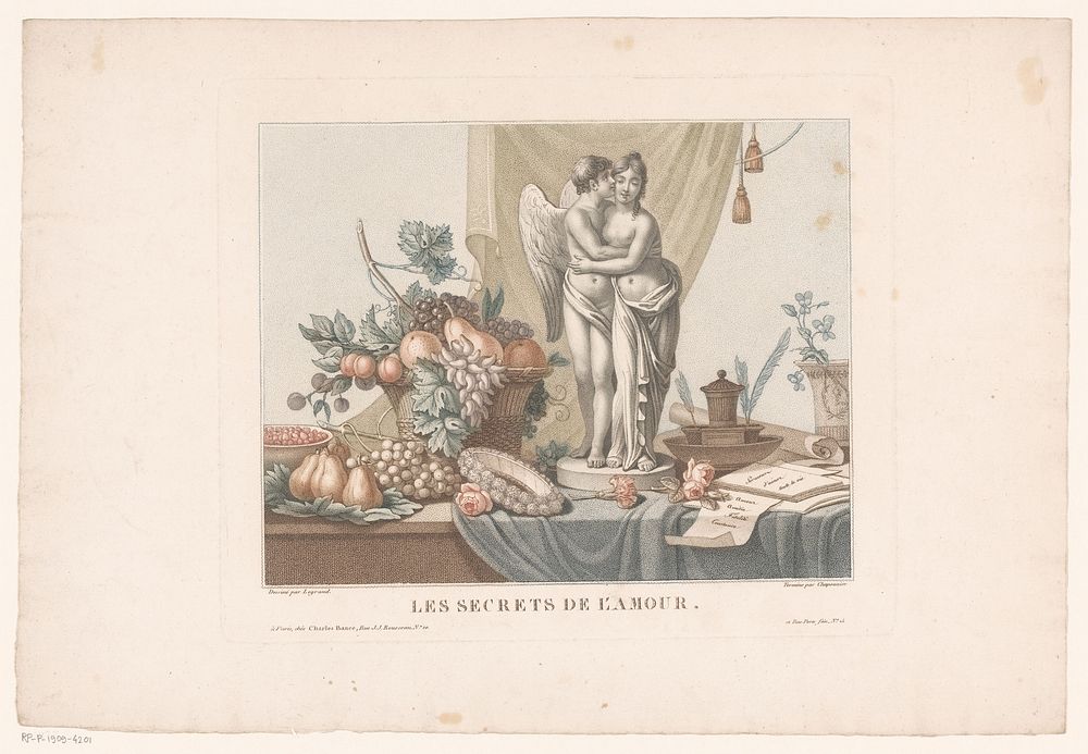 Stilleven op een tafel met een standbeeld van Cupido en een jonge vrouw, mogelijk Venus (1763 - 1863) by Alexandre…