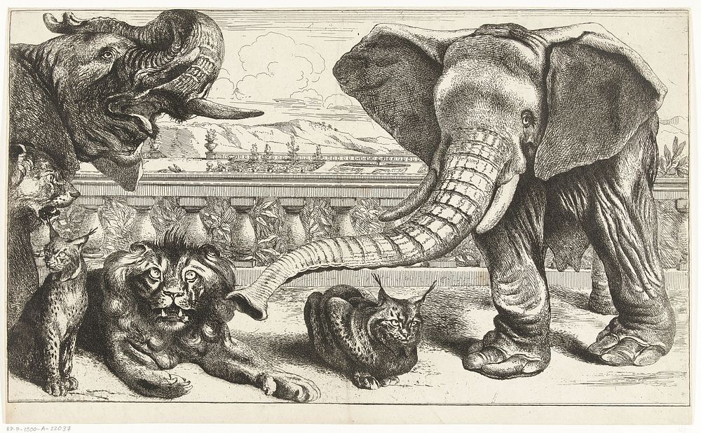 Olifanten, leeuwen en lynxen in de tuinen van Versailles (1669 - 1674) by Peeter Boel and Peeter Boel