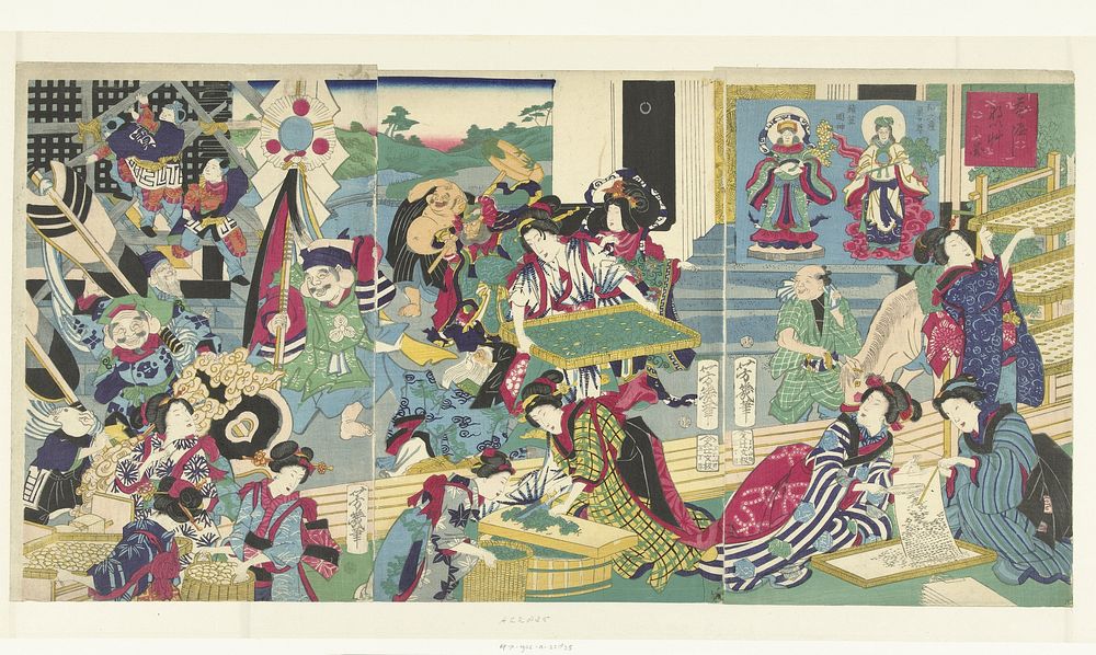 De zeven geluksgoden bij het kweken van zijderupsen (1875) by Utagawa Yoshiiku and Tsujiokaya Bunsuke