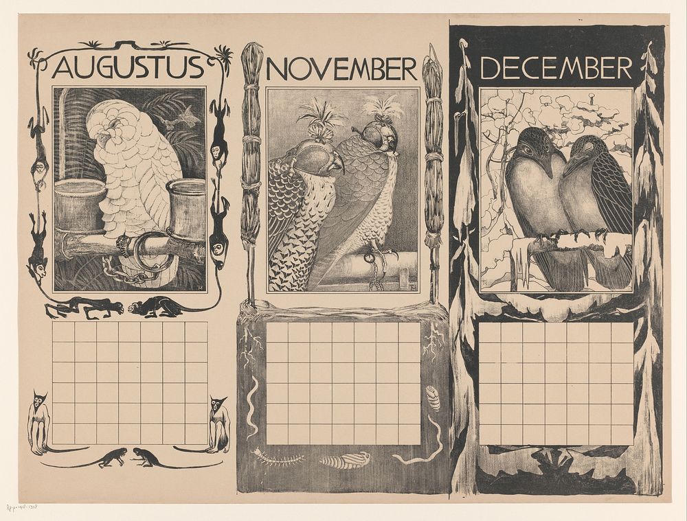 Kalenderbladen van augustus, november en december, met vogels (1901) by Theo van Hoytema