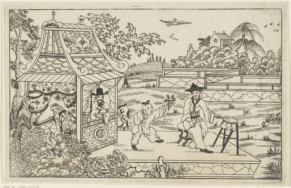 Chinese trommelaar op plateau in landschap (1727 - 1775) by Pieter Schenk II, Pieter Schenk II and Pieter Schenk II