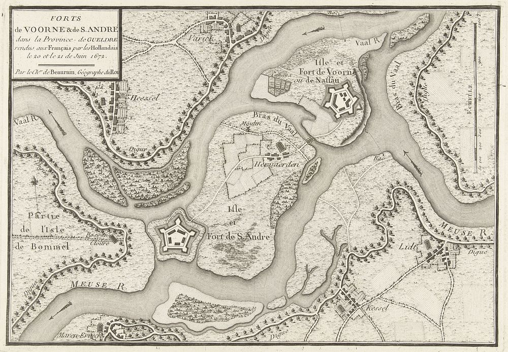 Kaart van de forten de Voorn en Sint-Andries aan de Maas, veroverd door de Fransen in 1672 (1780 - 1782) by anonymous and…