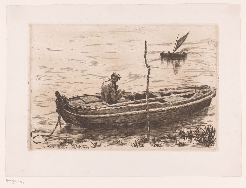 Roeiboot voor anker in open water en een zeilboot op de achtergrond (1862 - 1901) by Jules Guiette
