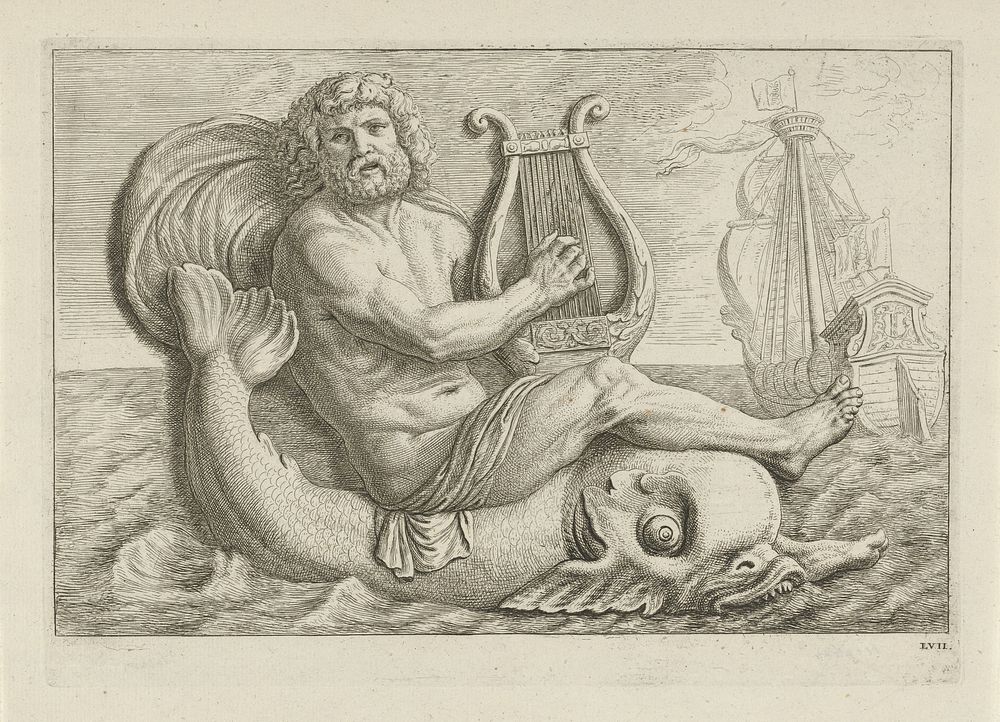 Reliëf met Arion op de dolfijn boven de deur naar de Assurantiekamer in het Stadhuis op de Dam (1719 - 1783) by Hubert…