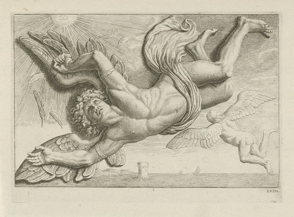 Reliëf met de val van Icarus boven de deur naar de Desolate Boedelkamer in het Stadhuis op de Dam (1719 - 1783) by Hubert…