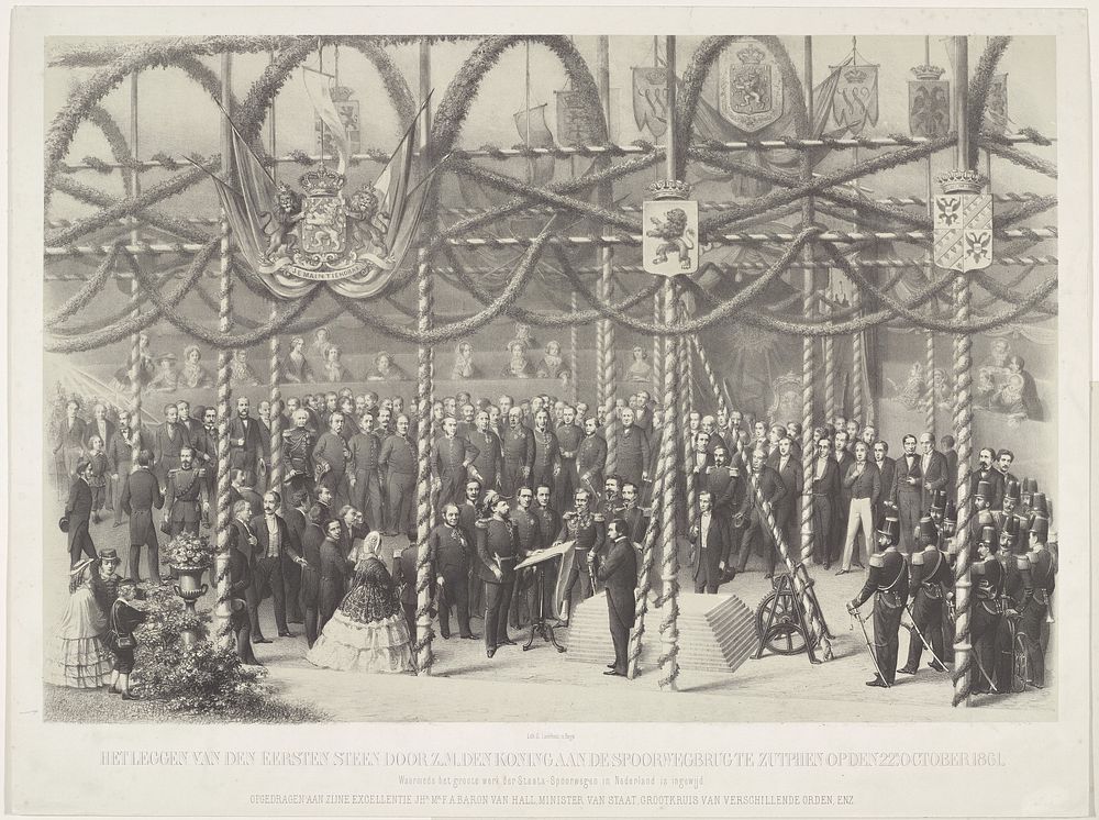 Het leggen van den eersten steen door Z.M. den Koning aan de spoorwegbrug te Zutphen op den 22.n October 1861 (1861) by…