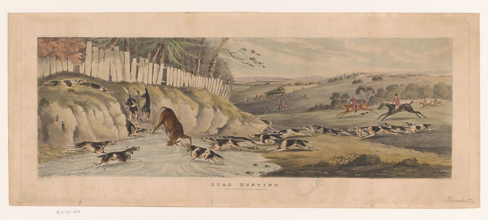 Meute foxhounds jaagt een ree een poel in (1841) by Thomas Sutherland, Samuel Alken I and I W Laird