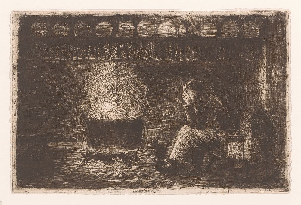 Vrouw zittend bij de haard (1860 - 1907) by Theodoor Verstraete