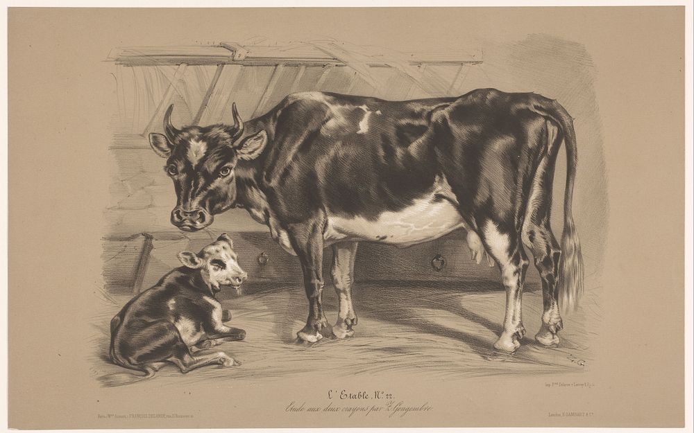 Koe met kalf in een stal (c. 1850 - in or before 1870) by Joseph Zephyris Gengembre, François Delarue, François Delarue and…