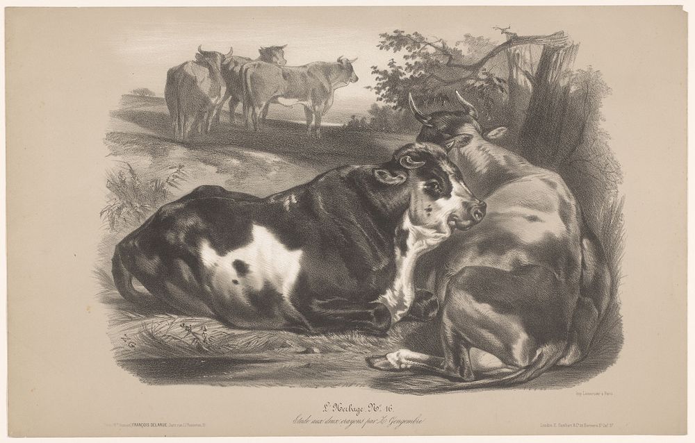 Vijf koeien in een weiland (c. 1850 - in or before 1870) by Joseph Zephyris Gengembre, Joseph Rose Lemercier, François…