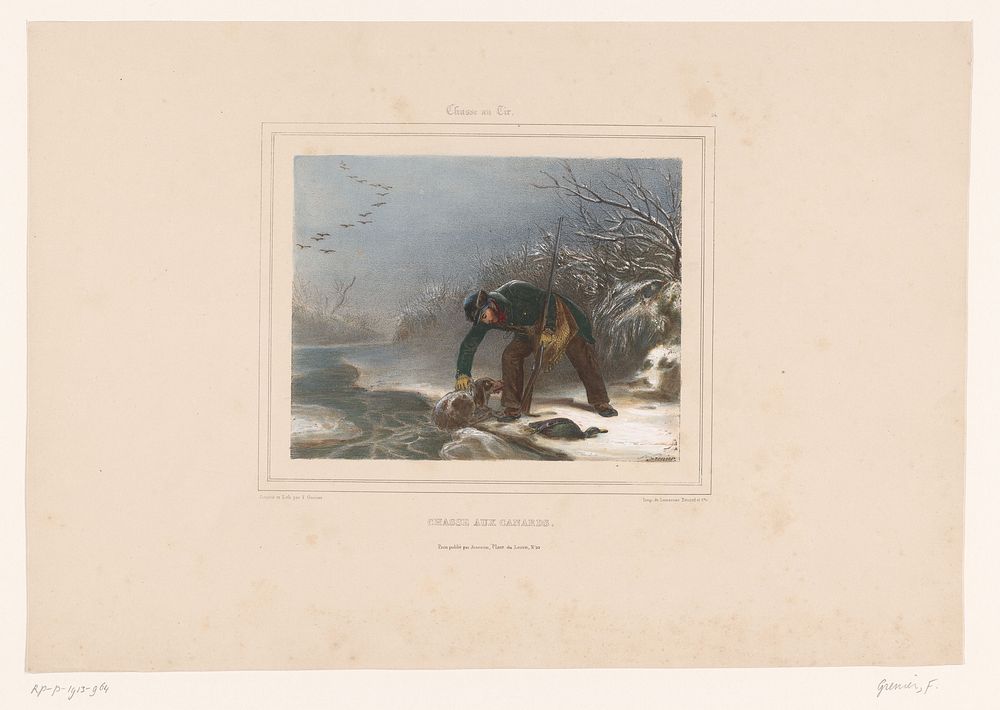 Jager met jachthond en dode eend in de sneeuw (1831 - 1846) by François Grenier, Benard Lemercier and Cie and Henri Jeannin