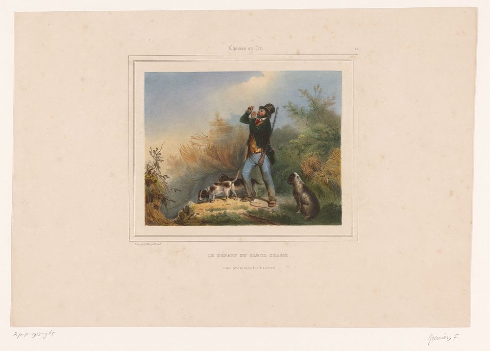 Jachtopziener met drie jachthonden (1831 - 1846) by François Grenier, Formentin and Cie, Benard and Cie Lemercier and Henri…