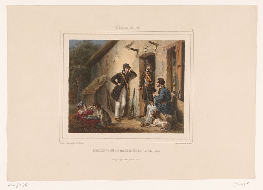 Jagers ontmoeten de jachtopziener in de ochtend (1831 - 1846) by François Grenier, Formentin and Cie and Henri Jeannin
