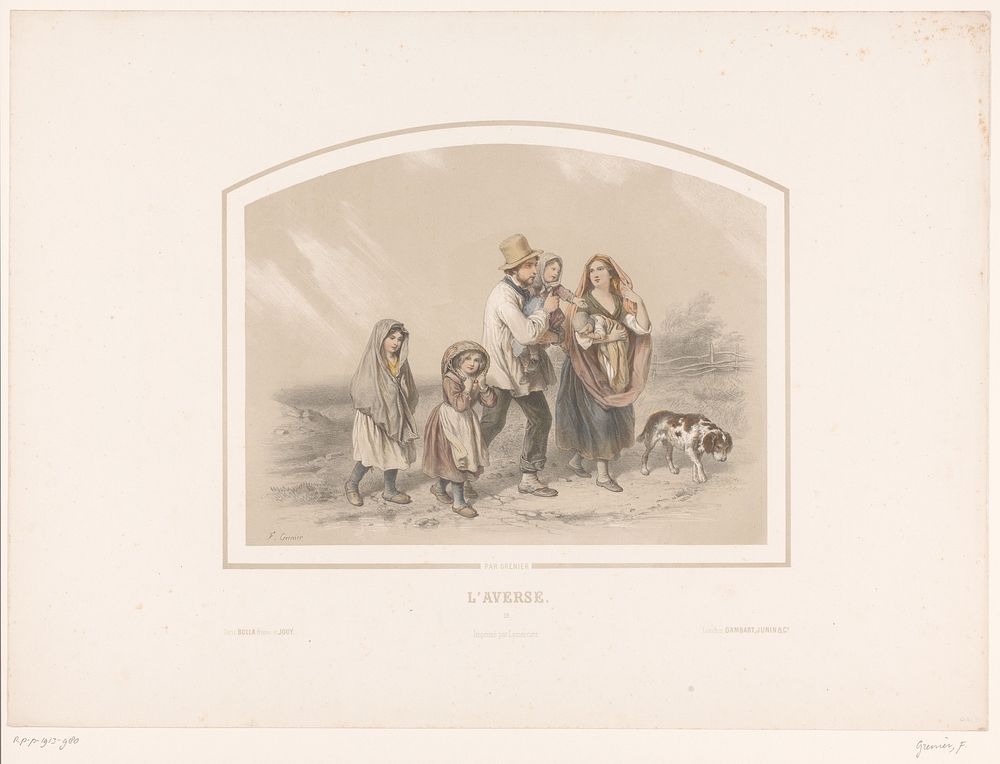Gezin met hond in een stortbui (1819 - c. 1845) by François Grenier, Joseph Rose Lemercier, Bulla frères and Eugène Jouy and…