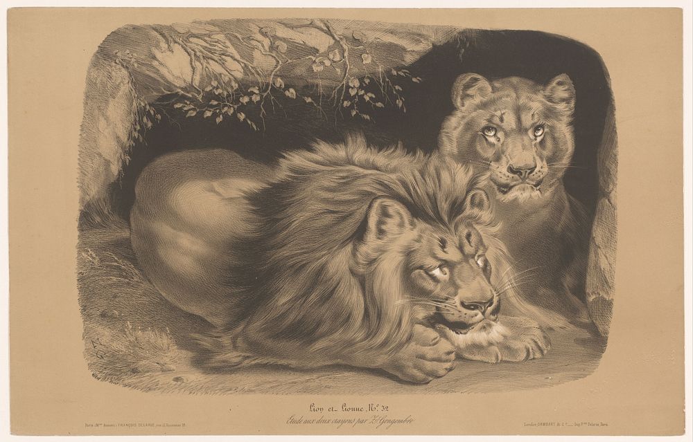 Leeuw en leeuwin (c. 1850 - in or before 1870) by Joseph Zephyris Gengembre, François Delarue, François Delarue and Ernest…