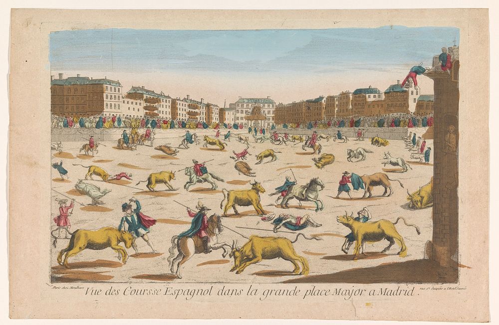Gezicht op een stierengevecht op het Plaza Mayor te Madrid (1759 - c. 1796) by Louis Joseph Mondhare and anonymous