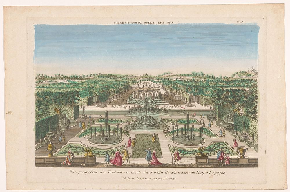 Gezicht op de fonteinen van een tuin van de koning van Spanje (1700 - 1799) by Basset and anonymous