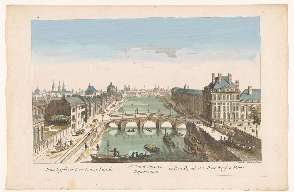 Gezicht op de Pont Royal over de rivier de Seine te Parijs, gezien richting de Pont Neuf (1745 - 1775) by Jean François…