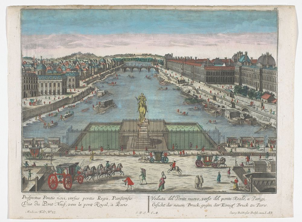 Gezicht op de Pont Neuf over de rivier de Seine te Parijs, gezien richting de Pont Royal (1742 - 1801) by Georg Balthasar…