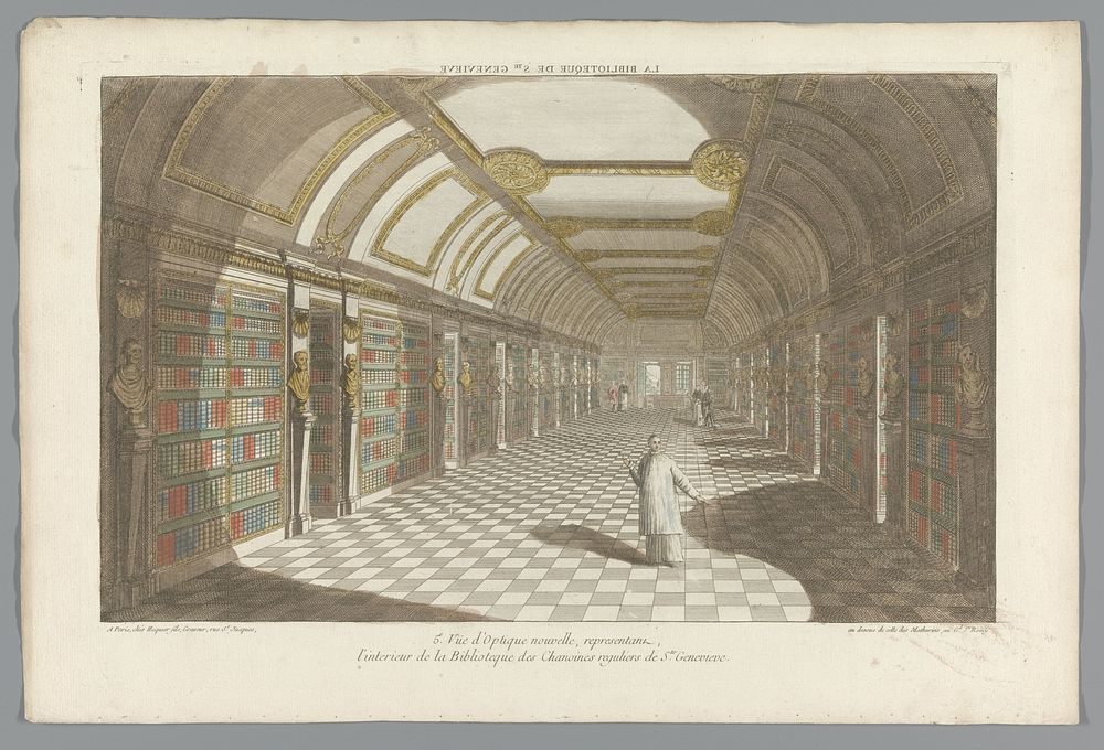 Gezicht op de bibliotheek van de abdij Sainte-Geneviève te Parijs (1735 - 1805) by Jacques Gabriel Huquier and anonymous