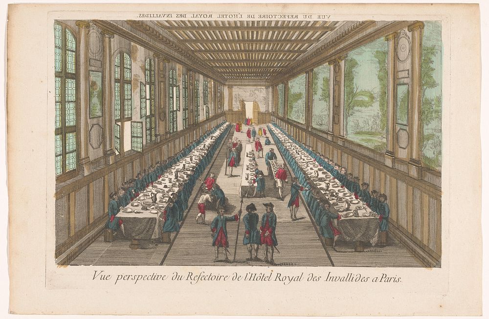 Gezicht op de eetzaal van het Hôtel des Invalides te Parijs met een gezelschap aan een maaltijd (1700 - 1799) by anonymous…