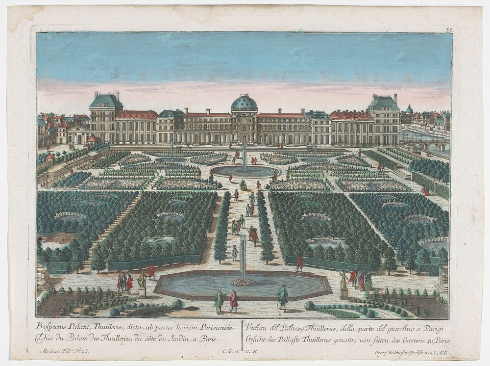 Gezicht op het Palais des Tuileries te Parijs gezien vanaf de Jardin des Tuileries (1742 - 1801) by Georg Balthasar Probst…