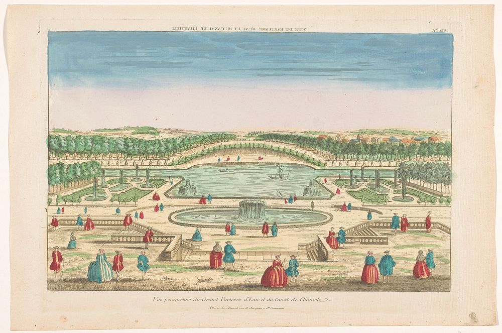 Gezicht op de parterre aan het water en het Grand Canal in de tuin van het Château de Chantilly (1700 - 1799) by Basset and…