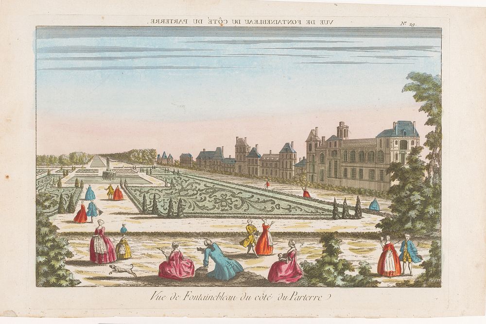 Gezicht op de tuin en het Palais de Fontainebleau (1700 - 1799) by anonymous and anonymous